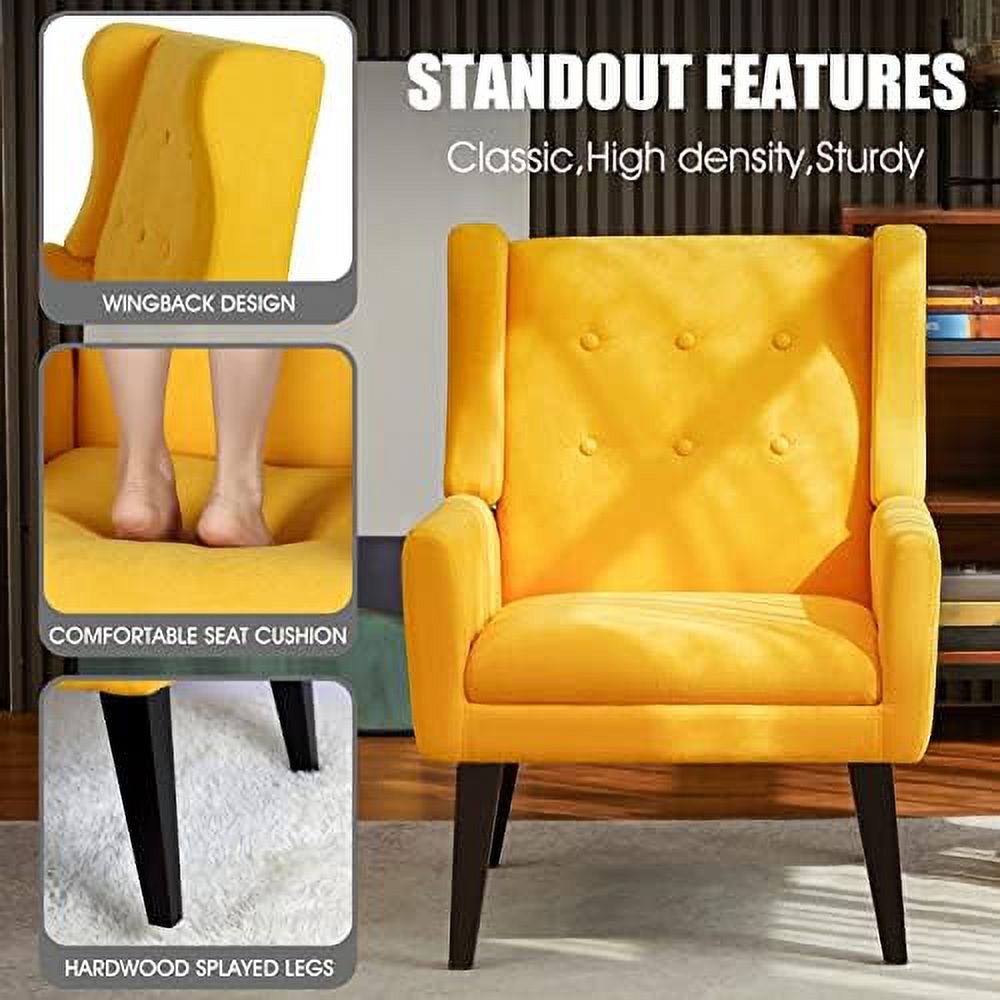 Yellow Upholstered Button Tufted Accent Chair with Wood Legs U790333