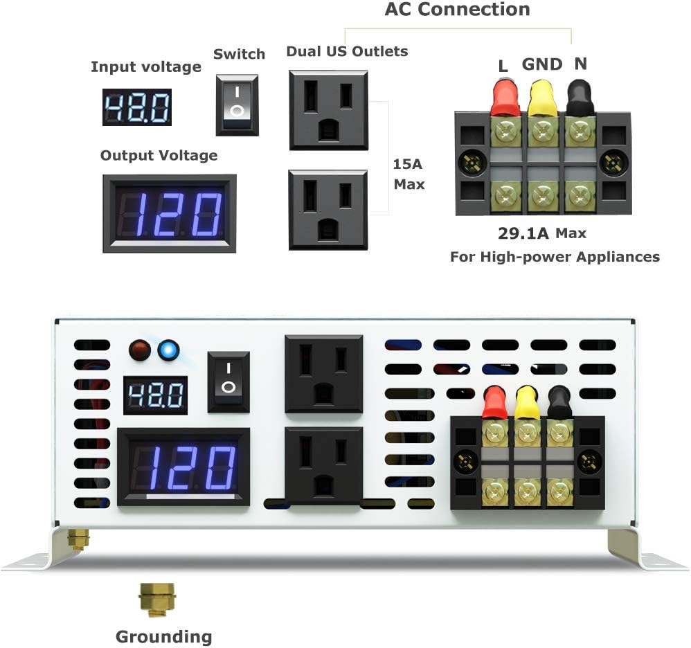 3500W Pure Sine Wave Power Inverter DC 48V to 110V 120V AC with Dual Outlets U6827