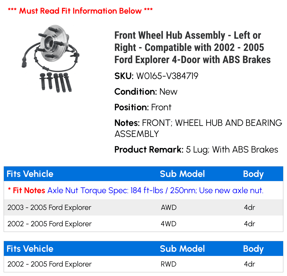 Front Wheel Hub Assembly with ABS Brakes D995664
