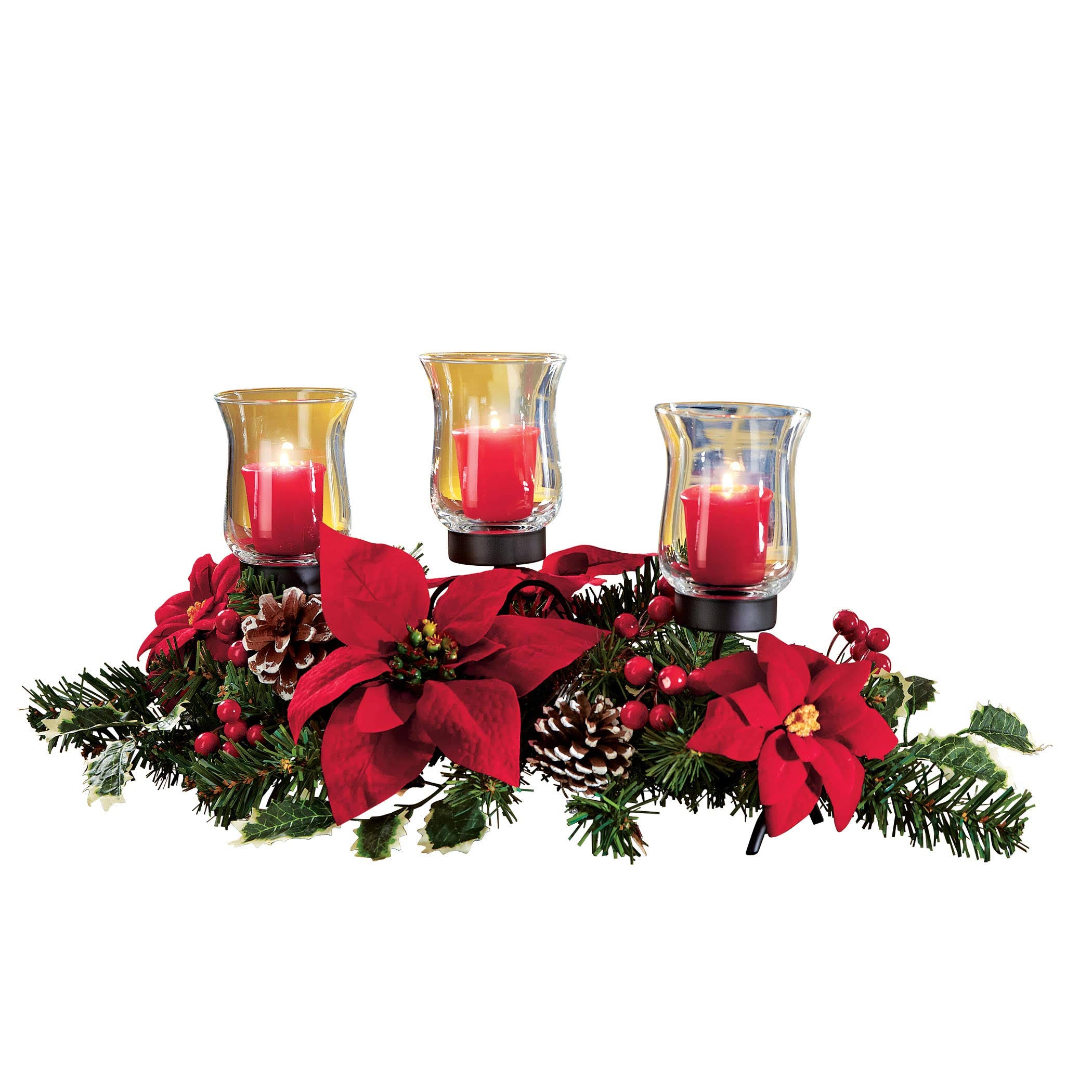 Red Poinsettia Candle Holder Centerpiece with Pinecones K2366
