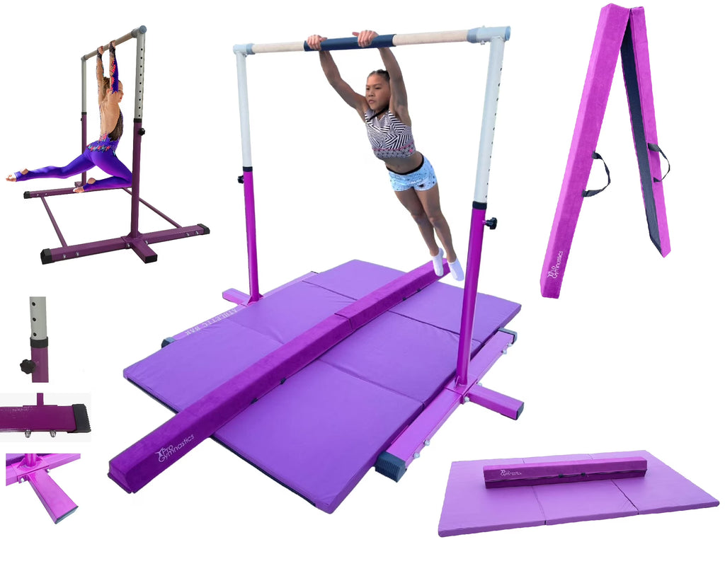 Purple 3 in 1 Height Adjustable Gymnastics Bar Set with Mat and Balance Beam H597