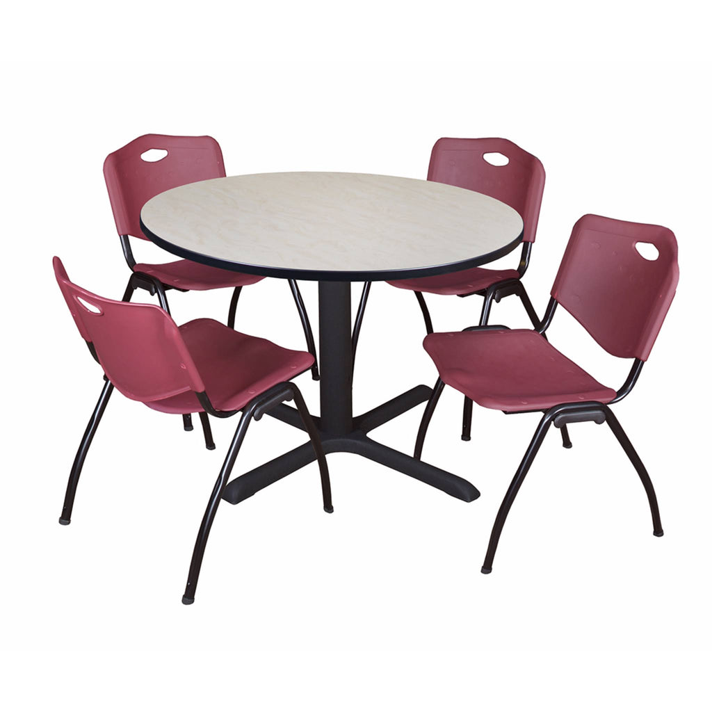 Maple Round Breakroom Table with 4 Grey Stack Chairs E225