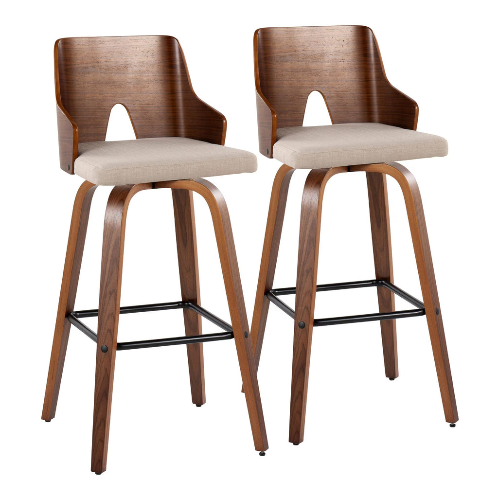 30" Mid-Century Modern Swivel Barstool in Walnut Wood, Beige Fabric and Black Metal Footrest - Set of 2 U92806
