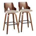 30" Mid-Century Modern Swivel Barstool in Walnut Wood, Beige Fabric and Black Metal Footrest - Set of 2 U92806