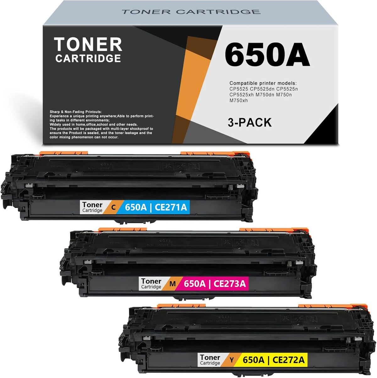 3 Pack C/M/Y Remanufactured Toner Cartridge for HP CP5525 M750 Printer H40898