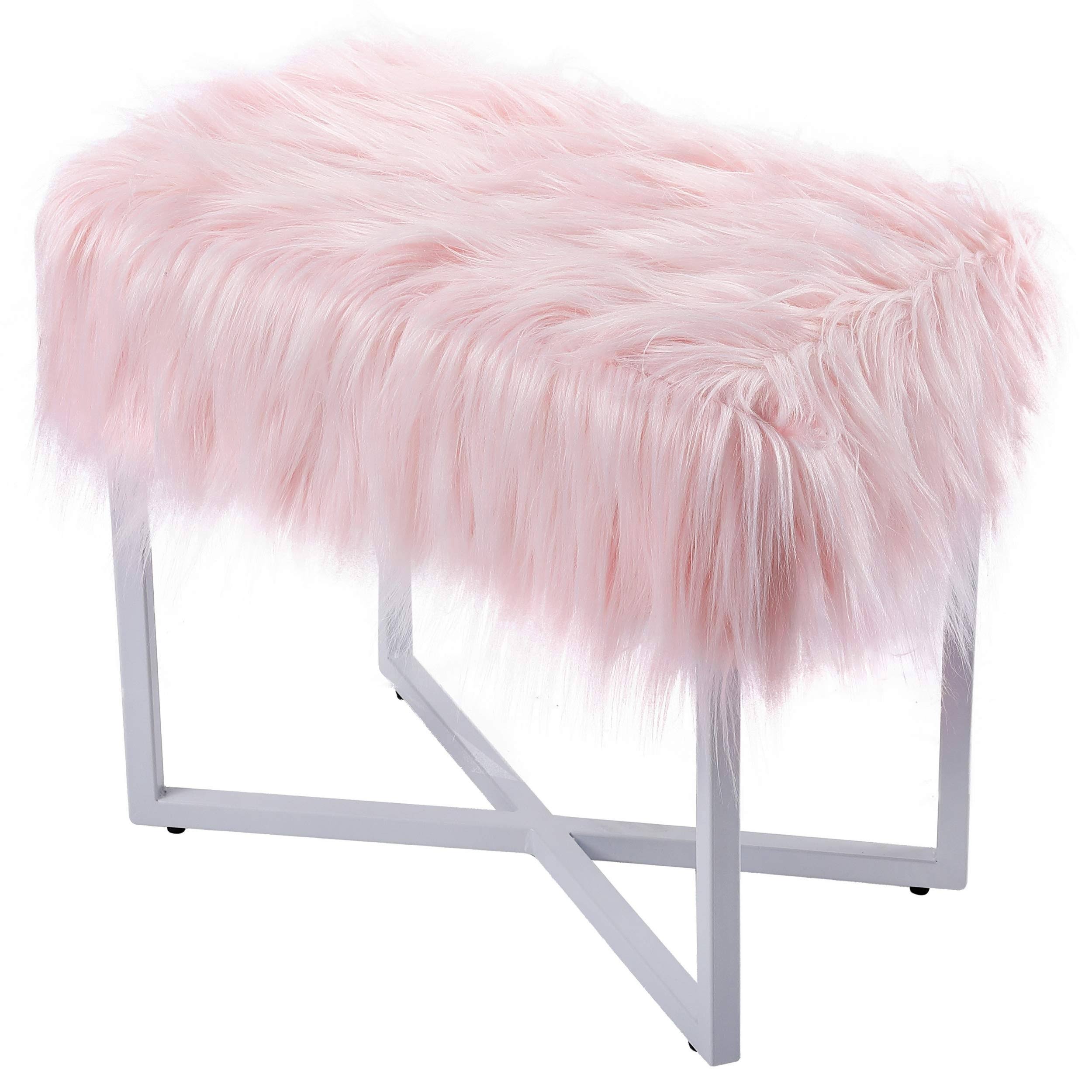 Pink Faux Fur Foot Stool Ottoman B60747