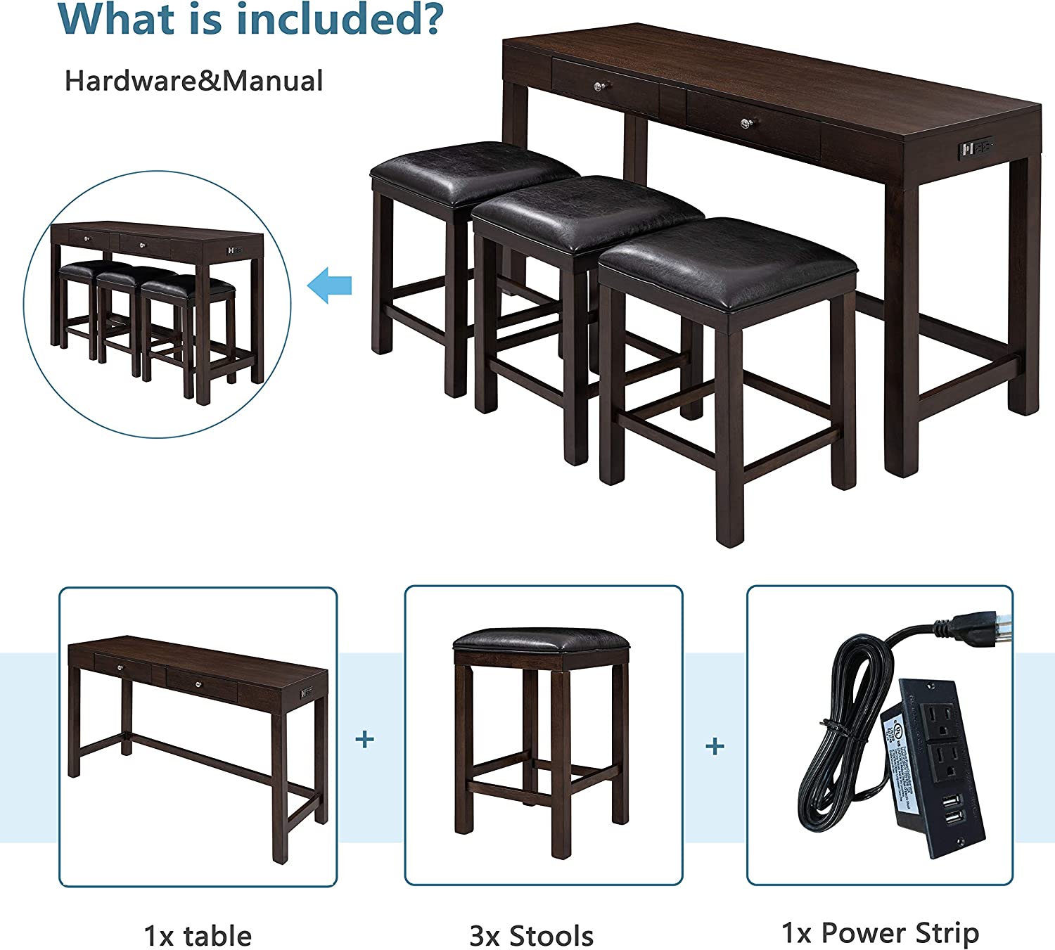 4-Piece Counter Height Dining Table Set with 3 PU Leather Padded Stools Espresso F1711