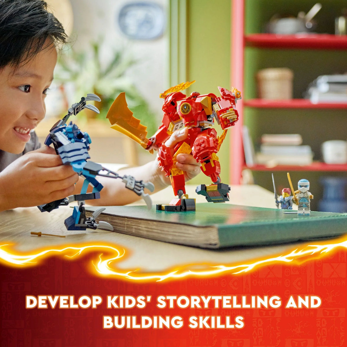 LEGO NINJAGO Kai’s Elemental Fire Mech Action Figure, Mini Ninja Toy with Red Ninja Figure plus Kai and Zane Minifigures, Adventure Set for Boys and Girls Ages 7 and Up B64118