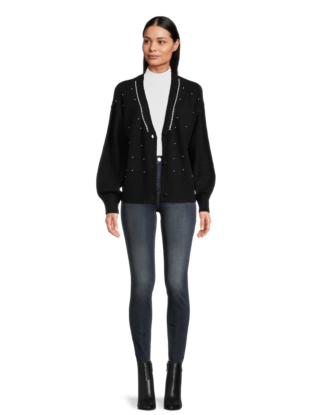 Women's V-Neck Embellished Button Front Cardigan with Long Sleeves U3166