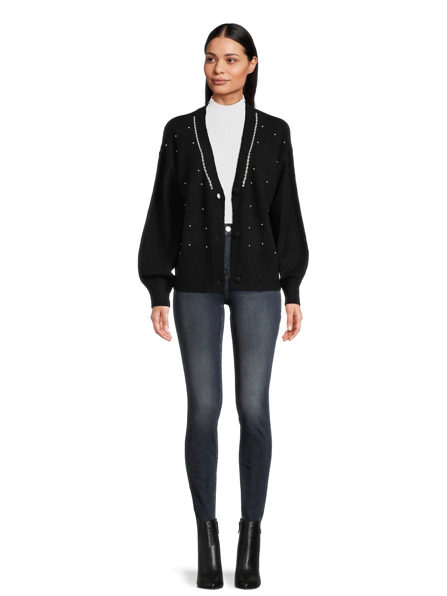 Women's V-Neck Embellished Button Front Cardigan with Long Sleeves U3166