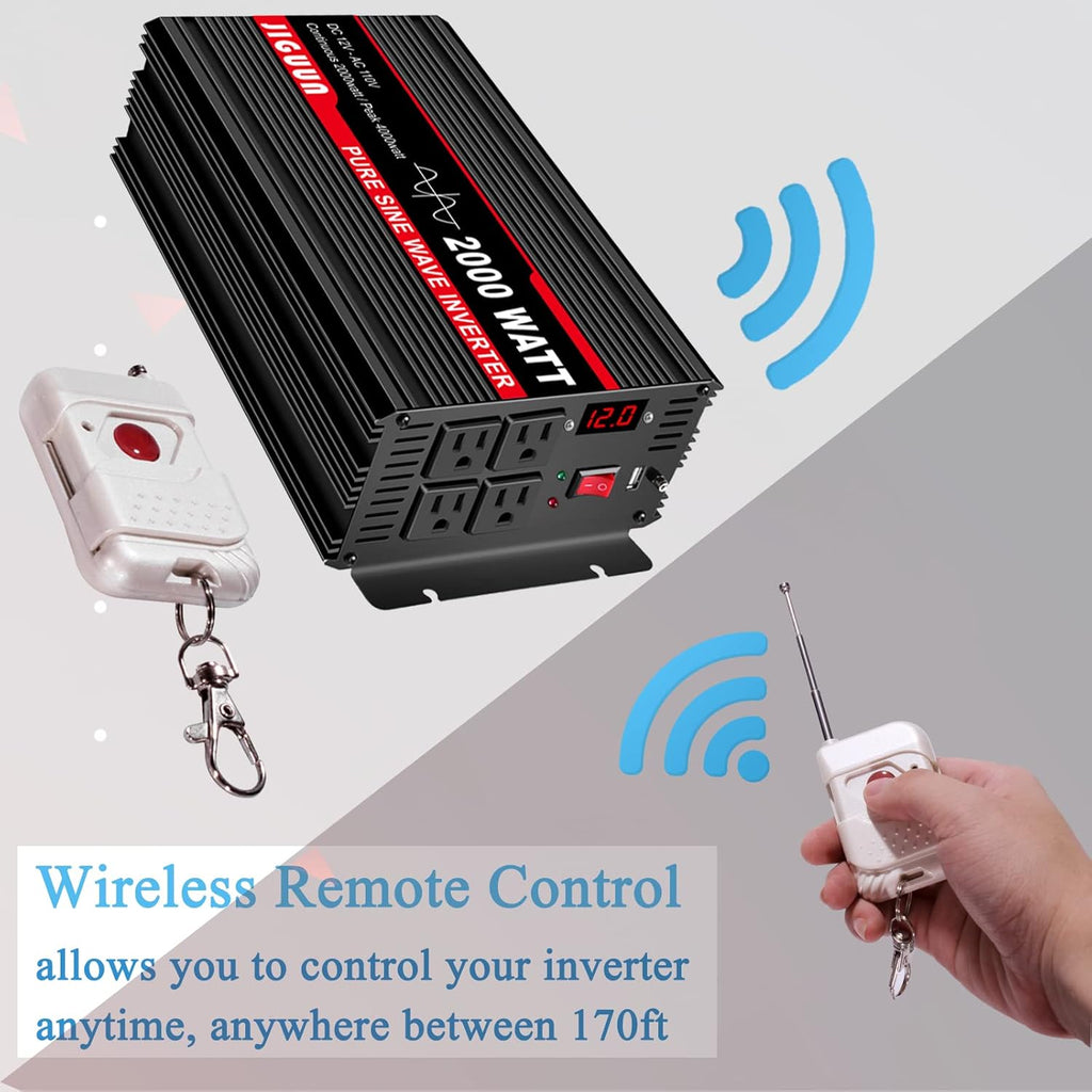 2000 Watt Pure Sine Wave Power Inverter 12V DC to 110V AC with 4 AC Outlets and USB Port C7866