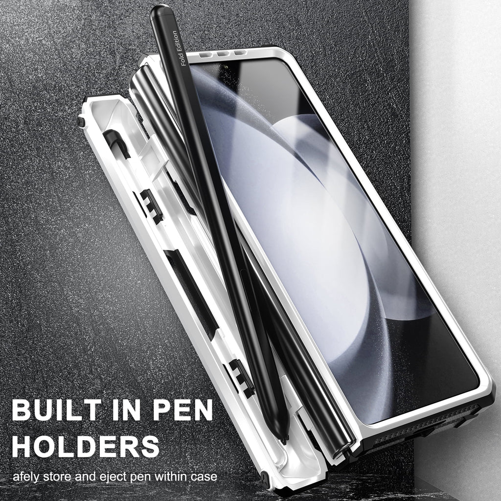 White Rugged Full Body Case with Built-in Glass Screen Protector Hinge Protection Hidden Kickstand Pen Slot Shockproof Armor Case X274