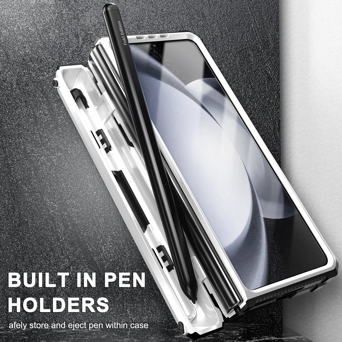 White Rugged Full Body Case with Built-in Glass Screen Protector Hinge Protection Hidden Kickstand Pen Slot Shockproof Armor Case X274
