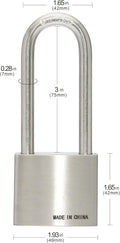 304 Stainless Steel Keyed Alike Padlocks, Pin Tumbler, 2 inch Wide Body, Long Shackle, Pack of 4 O3524