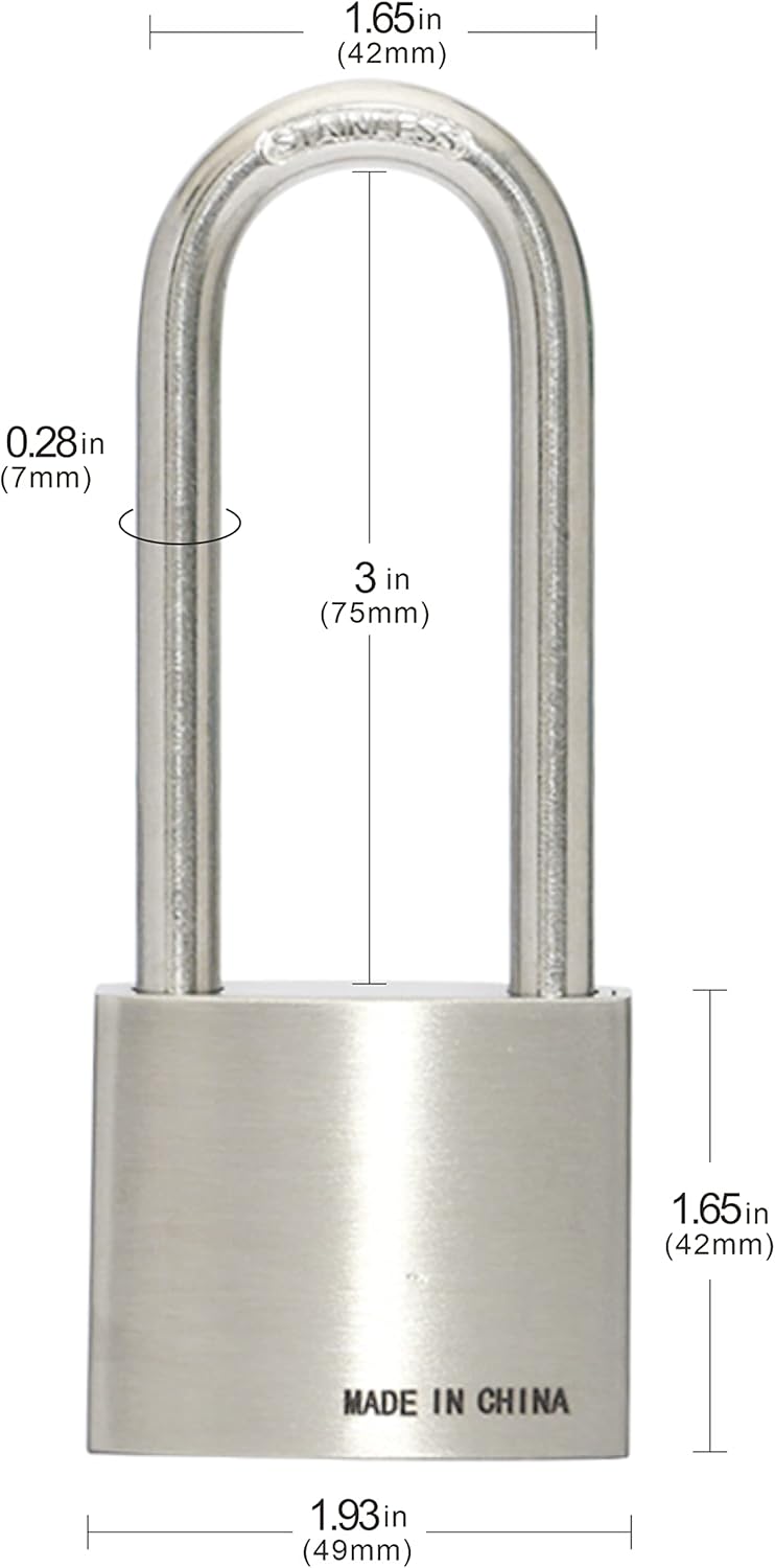 304 Stainless Steel Keyed Alike Padlocks, Pin Tumbler, 2 inch Wide Body, Long Shackle, Pack of 4 O3524