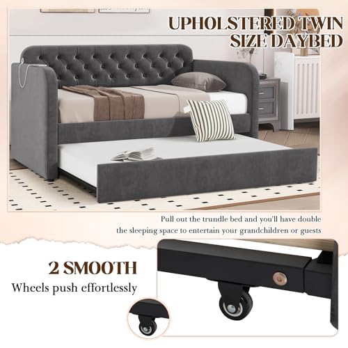 Beige Velvet Upholstered Twin Daybed with Trundle N46614
