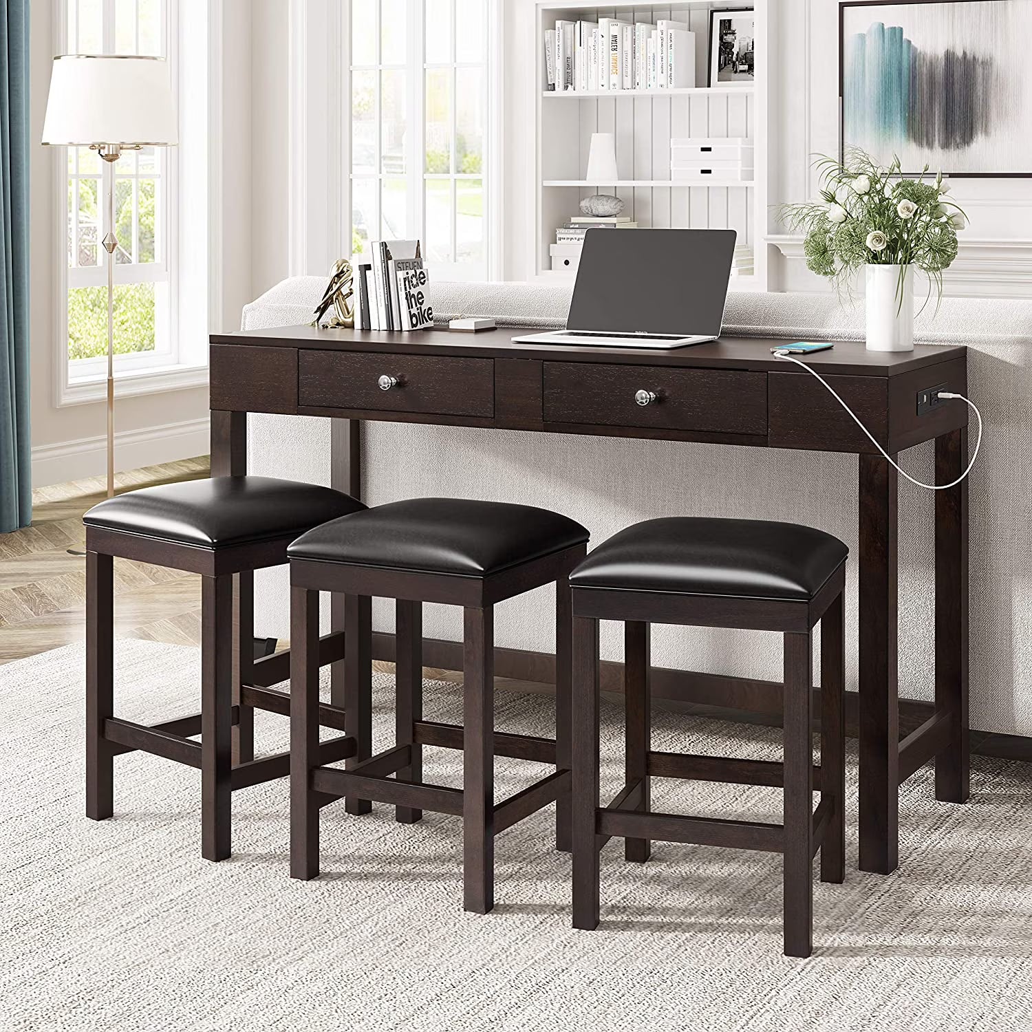4-Piece Counter Height Dining Table Set with 3 PU Leather Padded Stools Espresso F1711
