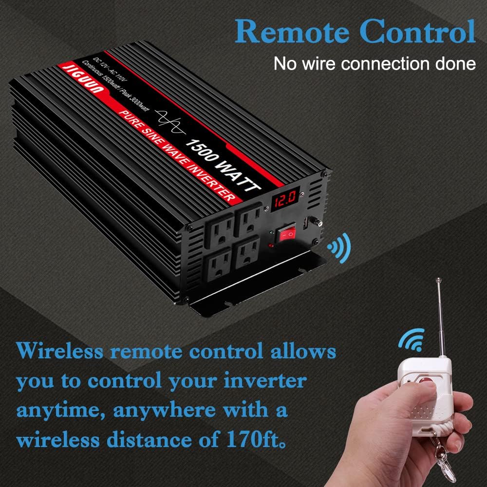 2000 Watt Pure Sine Wave Power Inverter 12V DC to 110V AC with 4 AC Outlets and USB Port C7866
