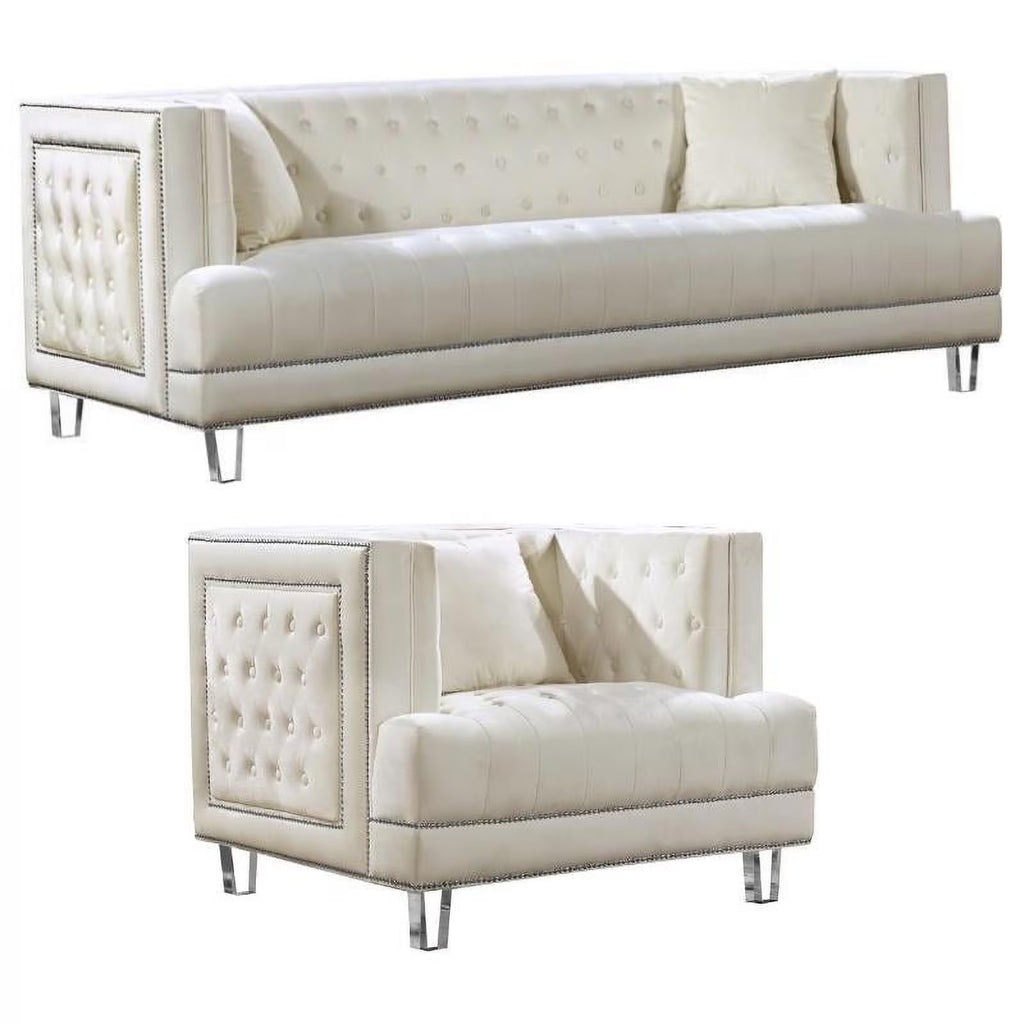 Cream Velvet Accent Chair and Sofa 2-Piece Furniture Set K49965