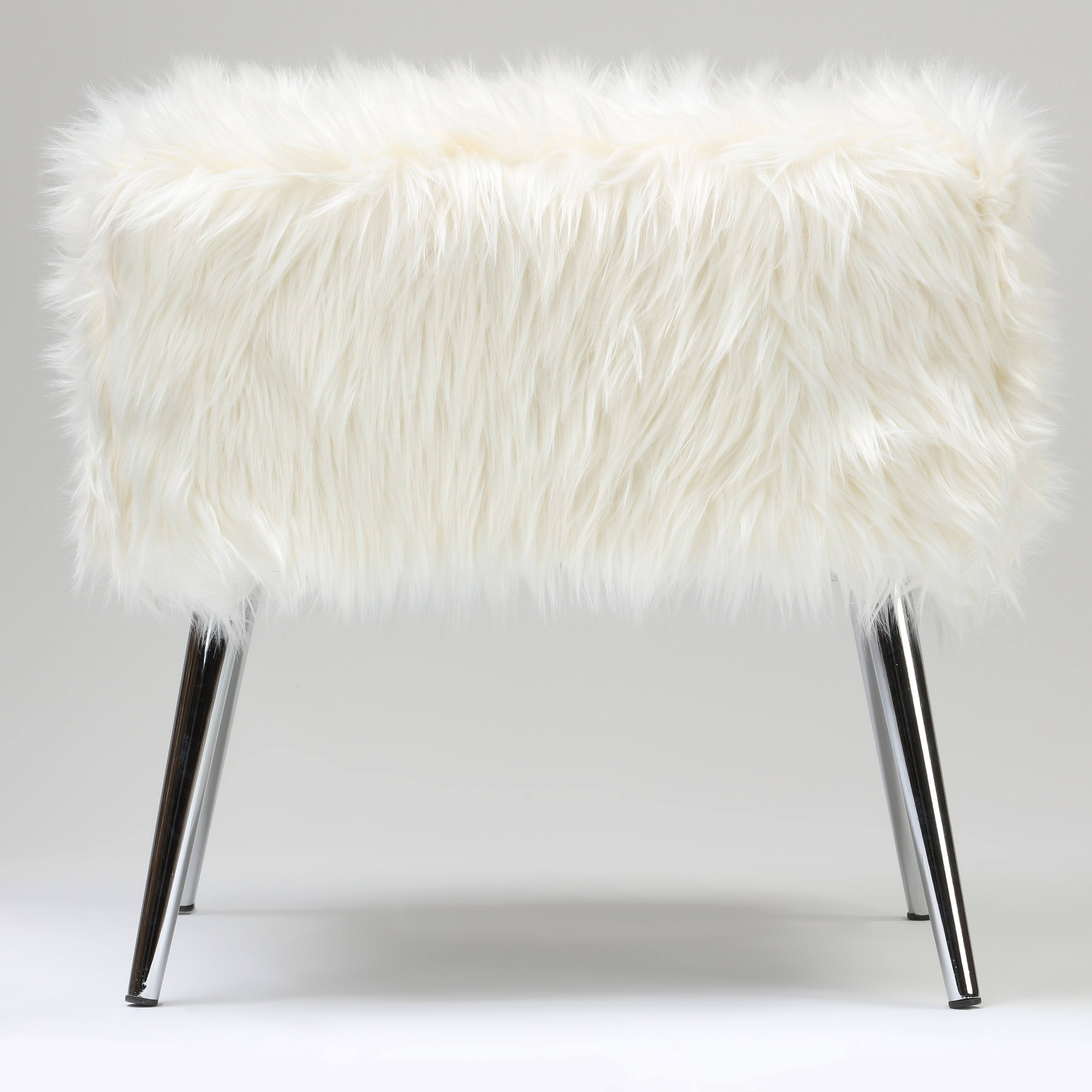 White Faux Fur Ottoman with Chrome Legs U735