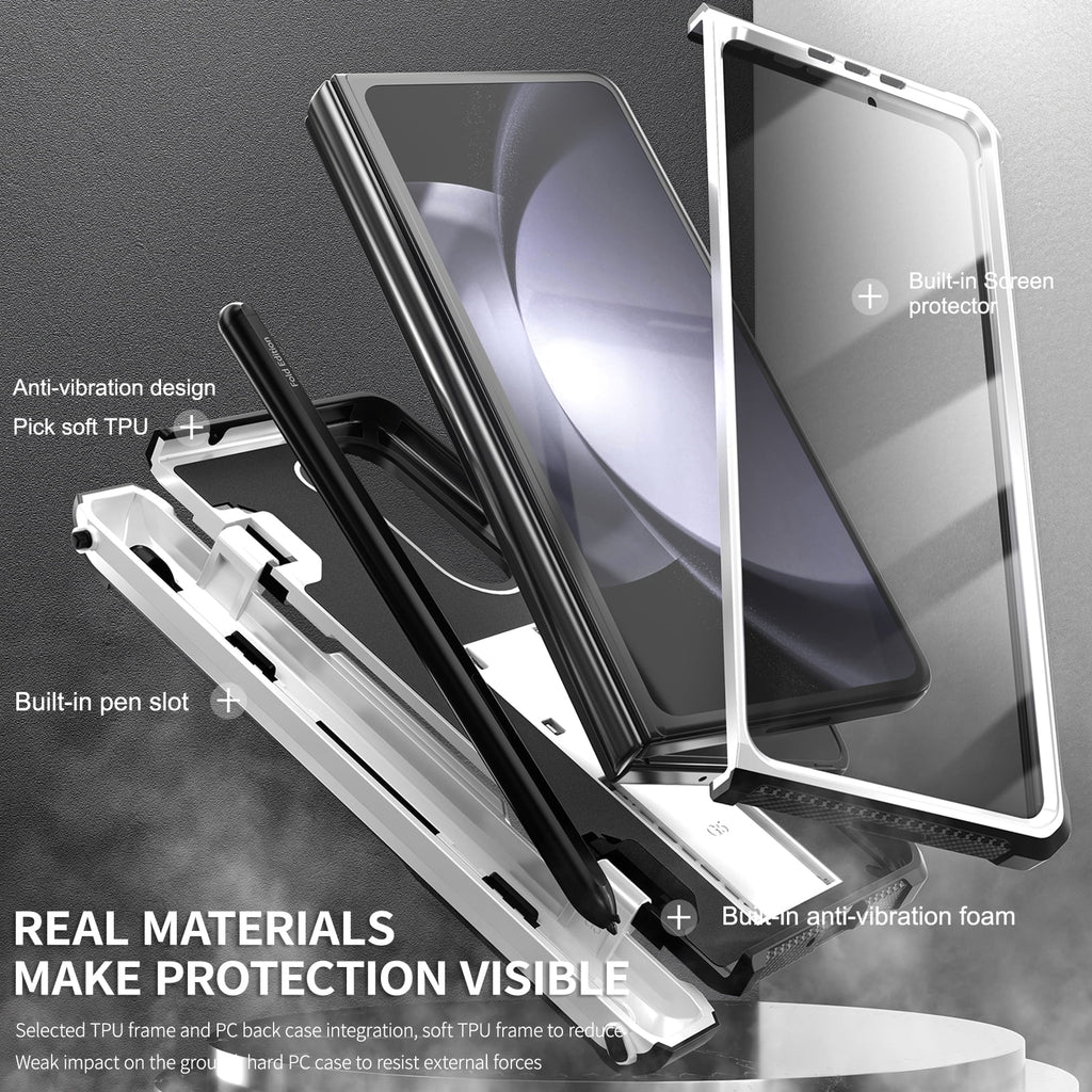 White Rugged Full Body Case with Built-in Glass Screen Protector Hinge Protection Hidden Kickstand Pen Slot Shockproof Armor Case X274