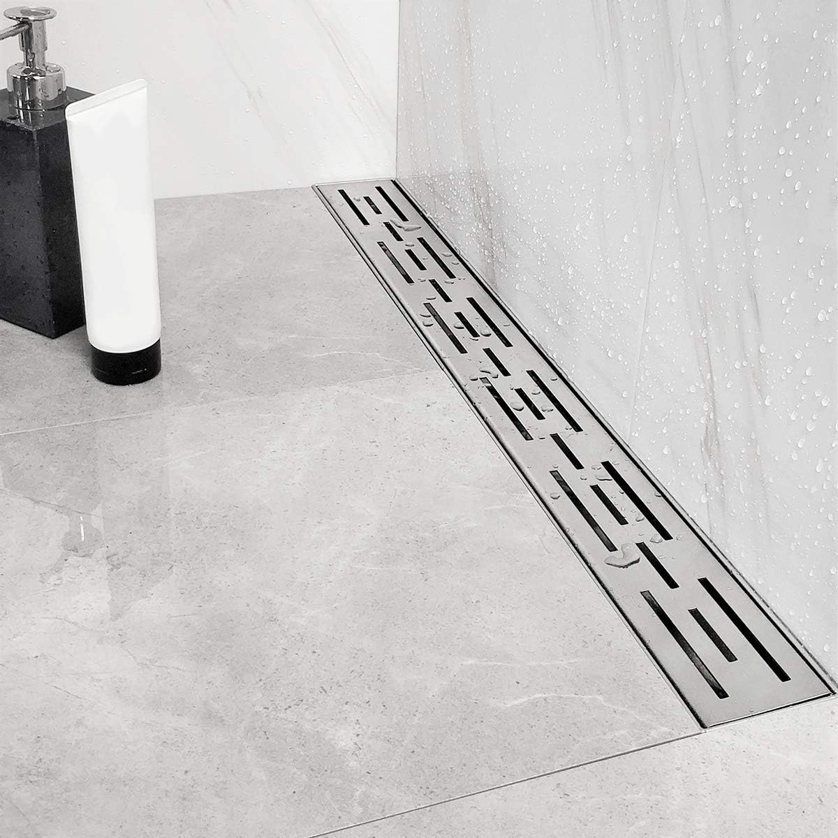 24 in Rectangular Linear Shower Drain with Brickwork Pattern Grate, Brushed 304 Stainless Steel, Black Pack of 2 G6321