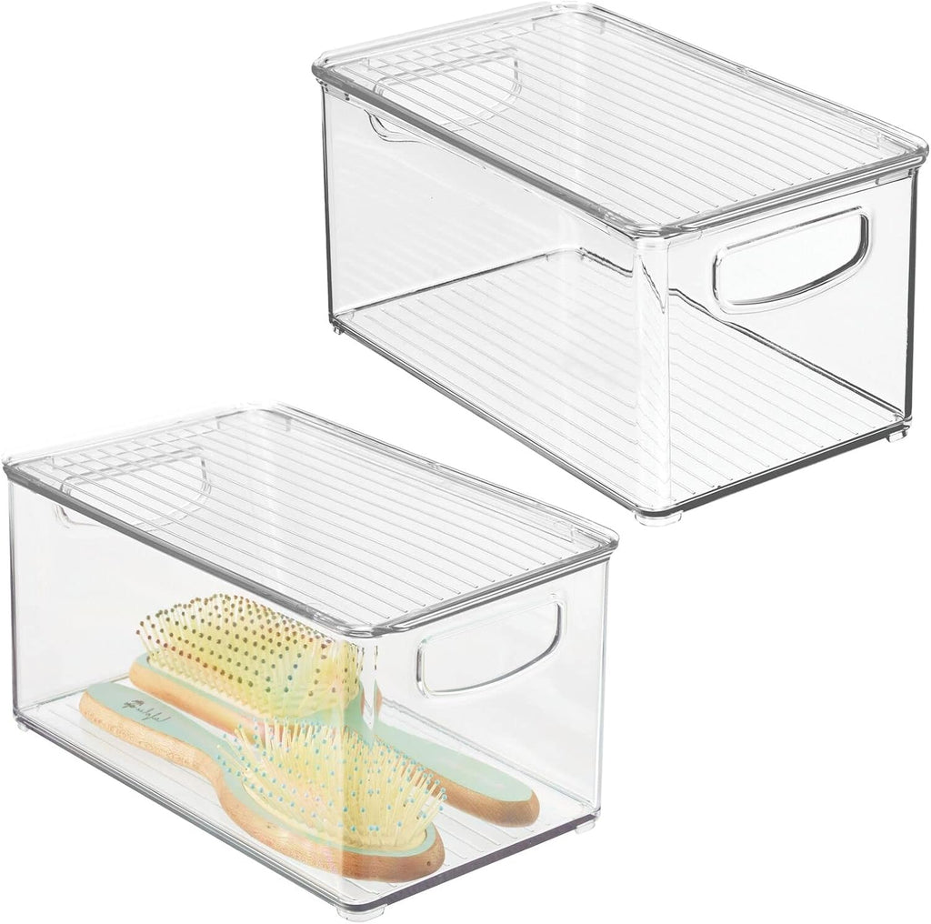 Clear/White Plastic Stackable Bathroom Storage Bin with Handles/Lid, 2 Pack N520