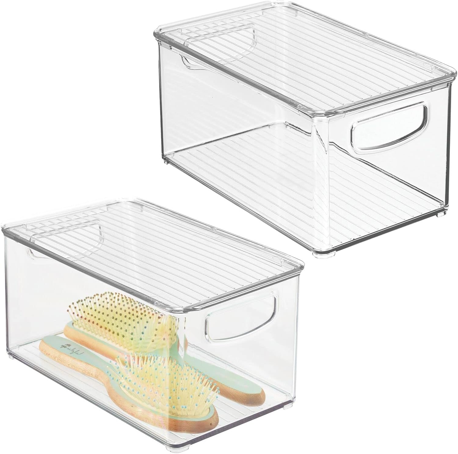 Clear/White Plastic Stackable Bathroom Storage Bin with Handles/Lid, 2 Pack N520