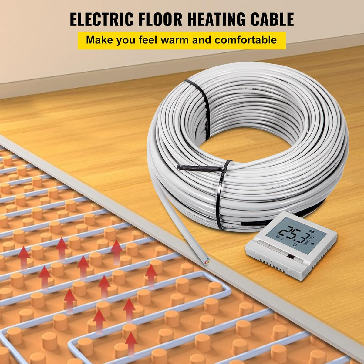 Floor Heating Cable 26.7 Square Feet Waterproof Insulated Temperature Control Panel Pack of 2 B87912