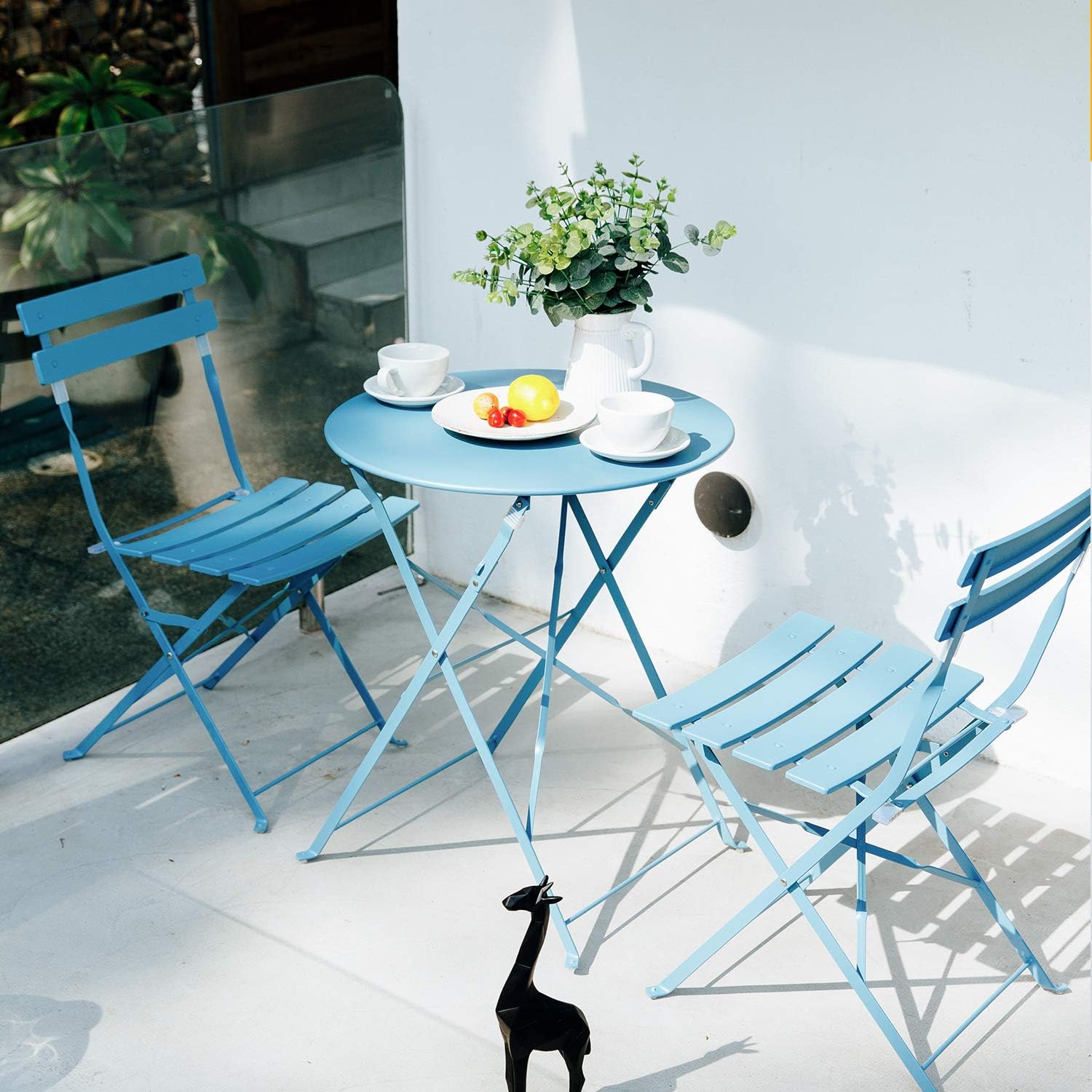 3pc Metal Folding Bistro Set, 2 Chairs and 1 Table, Macaron Blue L874443