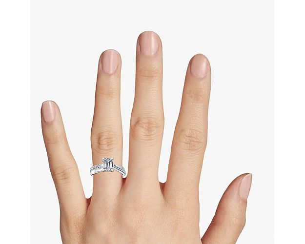 Emerald Cut Diamond Solitaire Ring with Accents Solid 14K White Gold Size 7 X768465