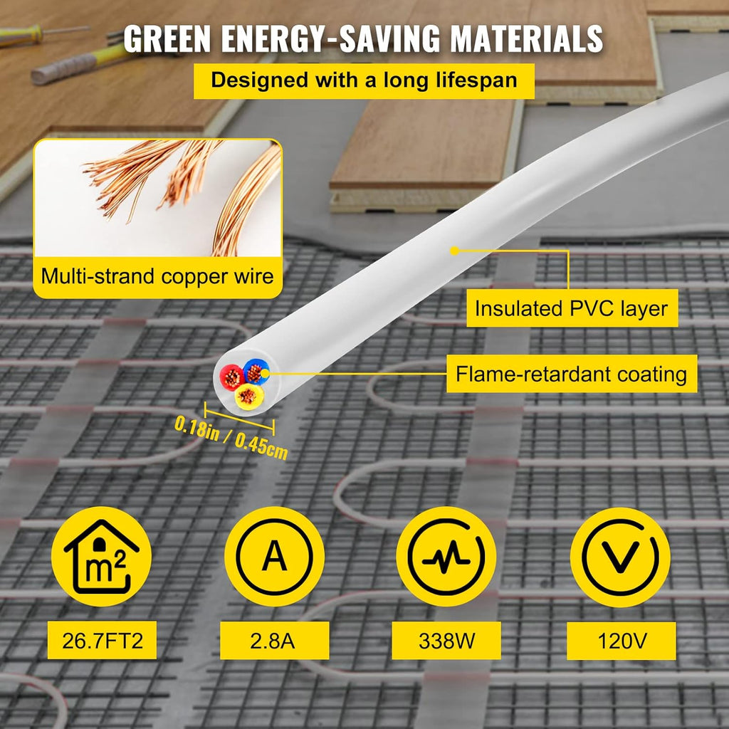 Floor Heating Cable 26.7 Square Feet Waterproof Insulated Temperature Control Panel Pack of 2 B87912