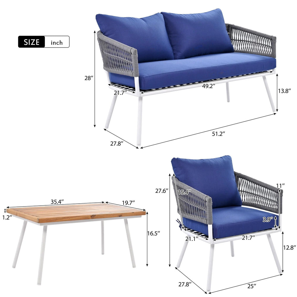 4 Piece Navy Blue Outdoor Woven Rope Sofa Set with Acacia Wood Table X683