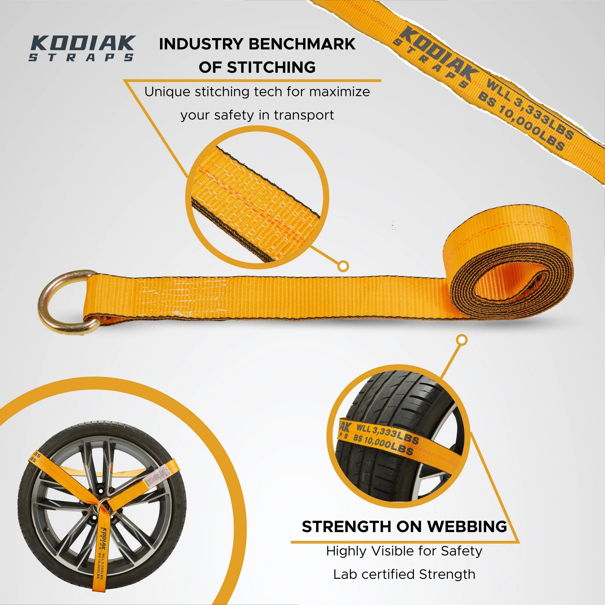 Adjustable Tire Tie Down Straps Kit 4pk Heavy Duty with Snap Hooks, 3333 lbs. Working Load O10447