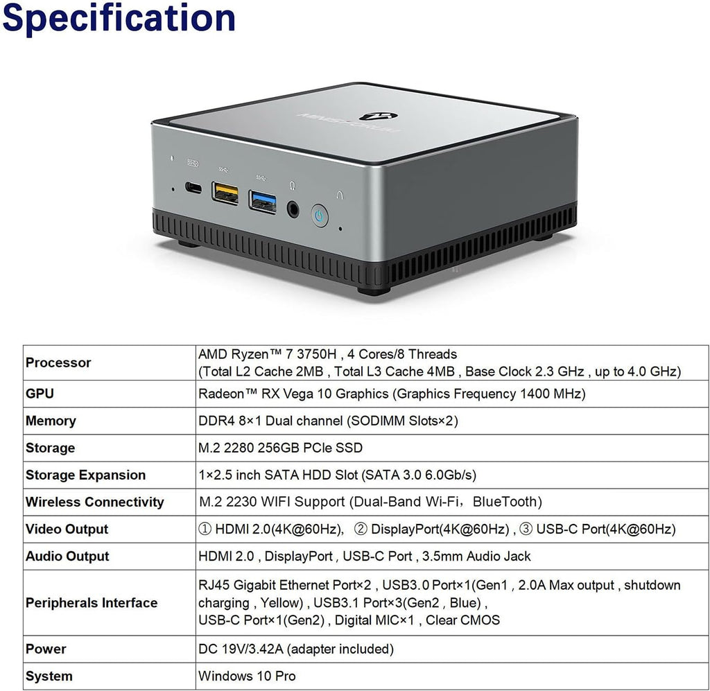 Mini PC AMD Ryzen 7 3750H, 8 GB RAM 256 GB PCIe SSD, Radeon RX Vega 10 Graphics, Dual WiFi BT 5.1, HDMI 2.0, USB-C, 2X RJ45, 4X USB K422908