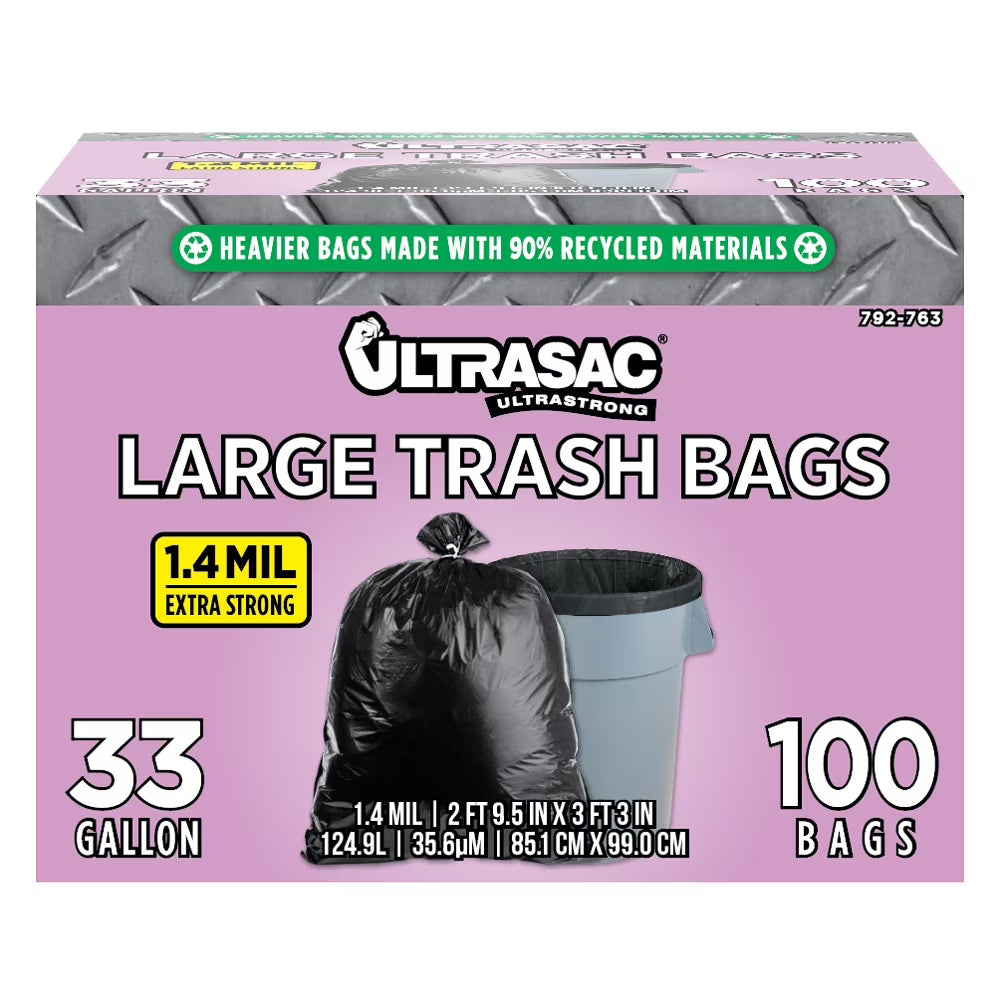 33 Gallon Heavy Duty Black Plastic Trash Bags with Ties 100 Pack O3700