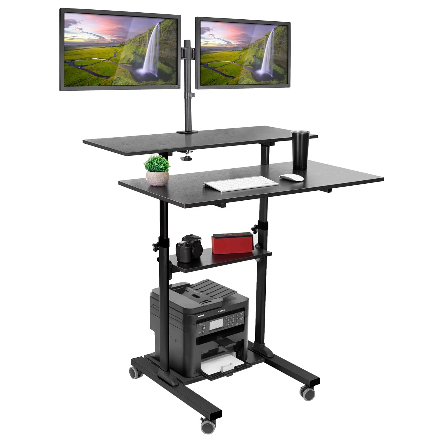 Black Mobile Standing Desk with Dual Monitor Mount Z217878