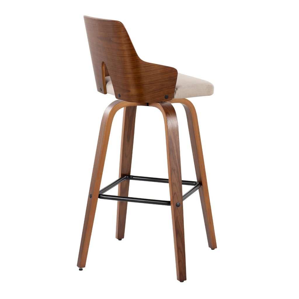 30" Mid-Century Modern Swivel Barstool in Walnut Wood, Beige Fabric and Black Metal Footrest - Set of 2 U92806