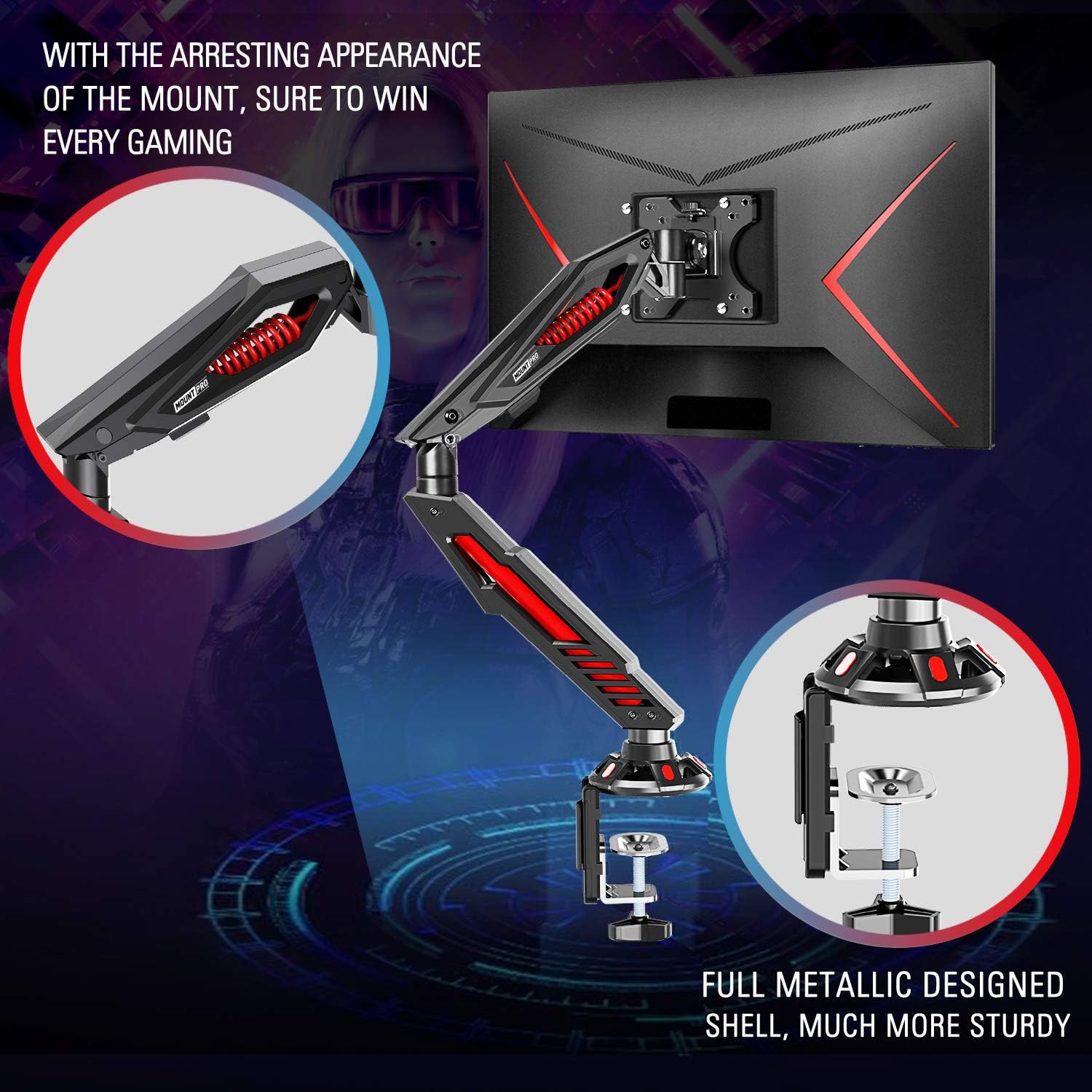 Single Gaming Monitor Stand with C Clamp and Grommet Mounting Base Y7454