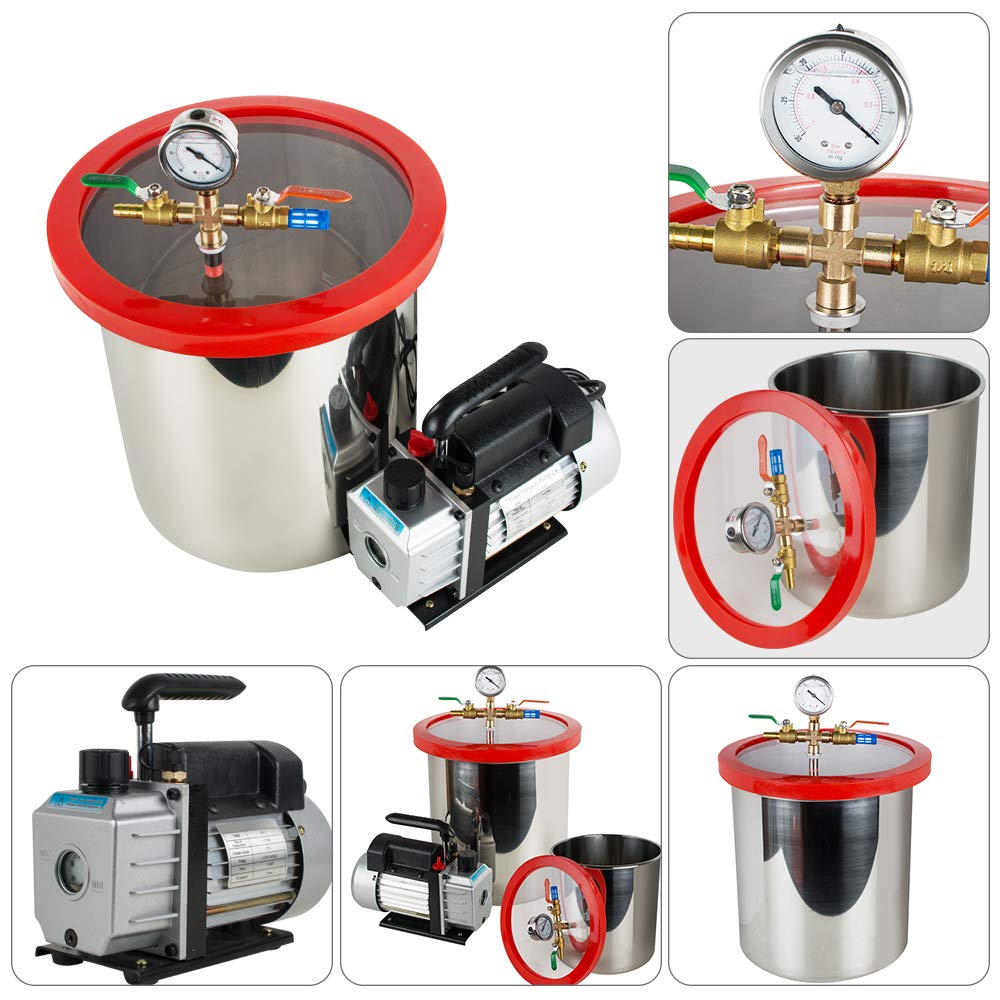 5 Gallon Stainless Steel Vacuum Degassing Chamber Kit with 3 CFM Pump Hose P932505