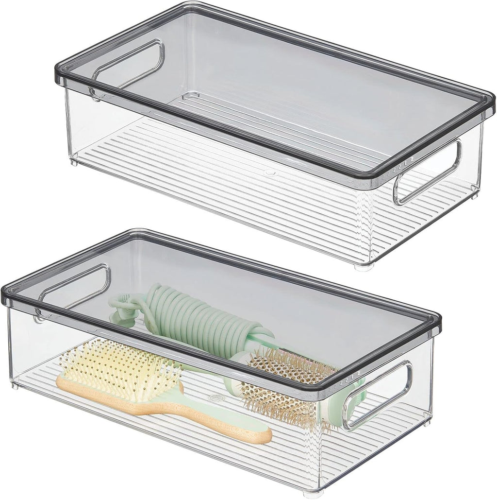 Clear/White Plastic Stackable Bathroom Storage Bin with Handles/Lid, 2 Pack N520