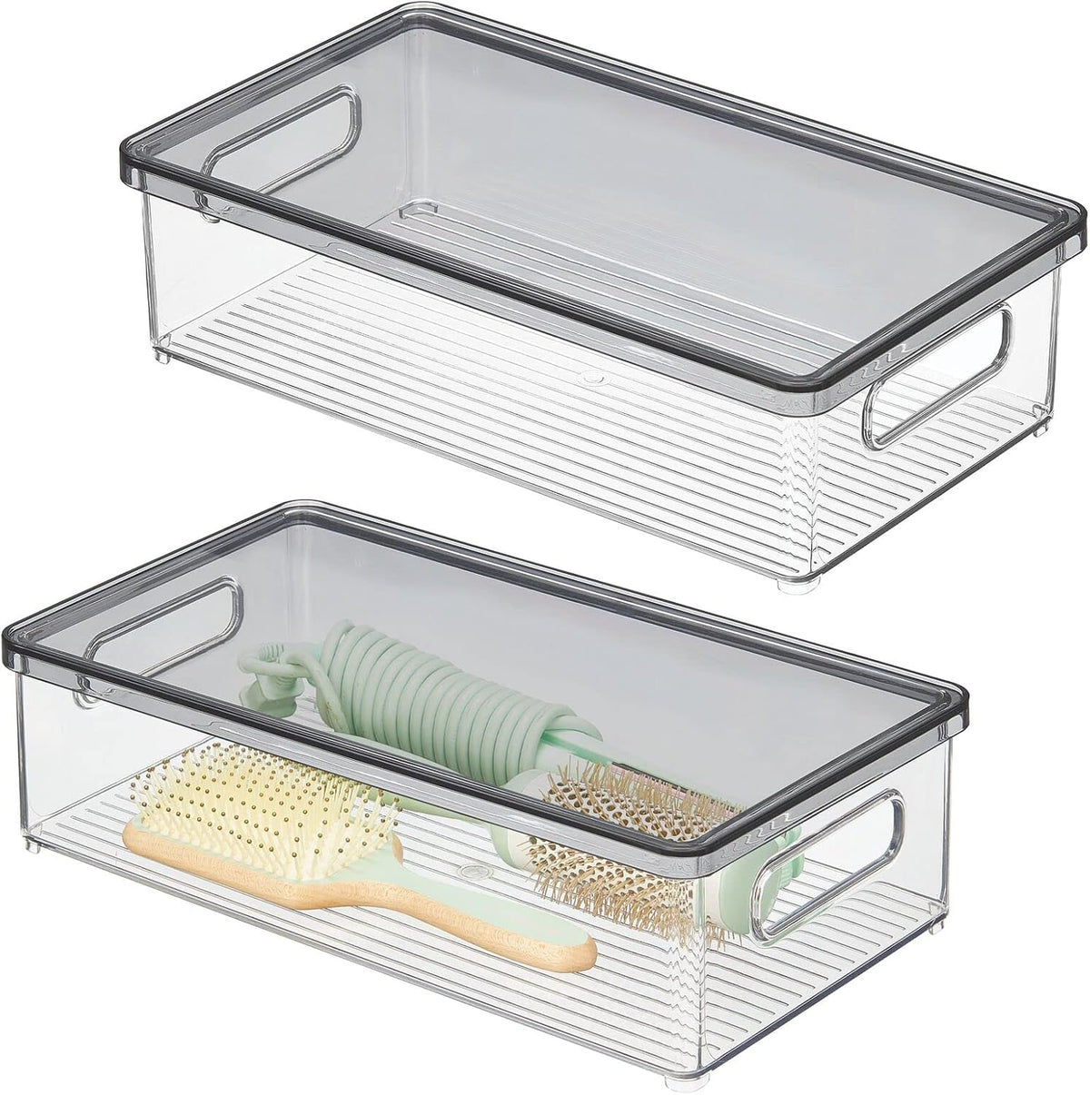 Clear/White Plastic Stackable Bathroom Storage Bin with Handles/Lid, 2 Pack N520