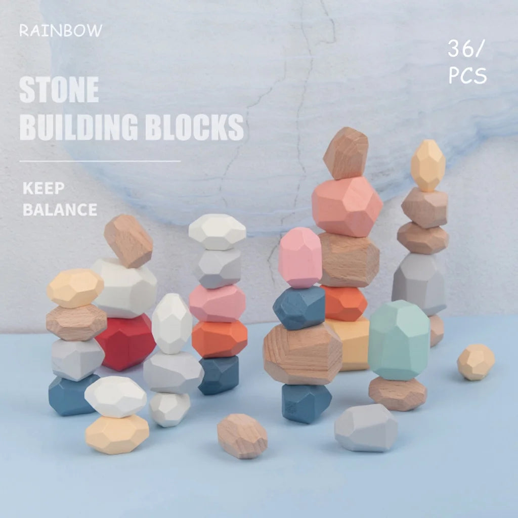 Wooden Stone Building Block Stacking Game Rainbow Toy 5PC V60966