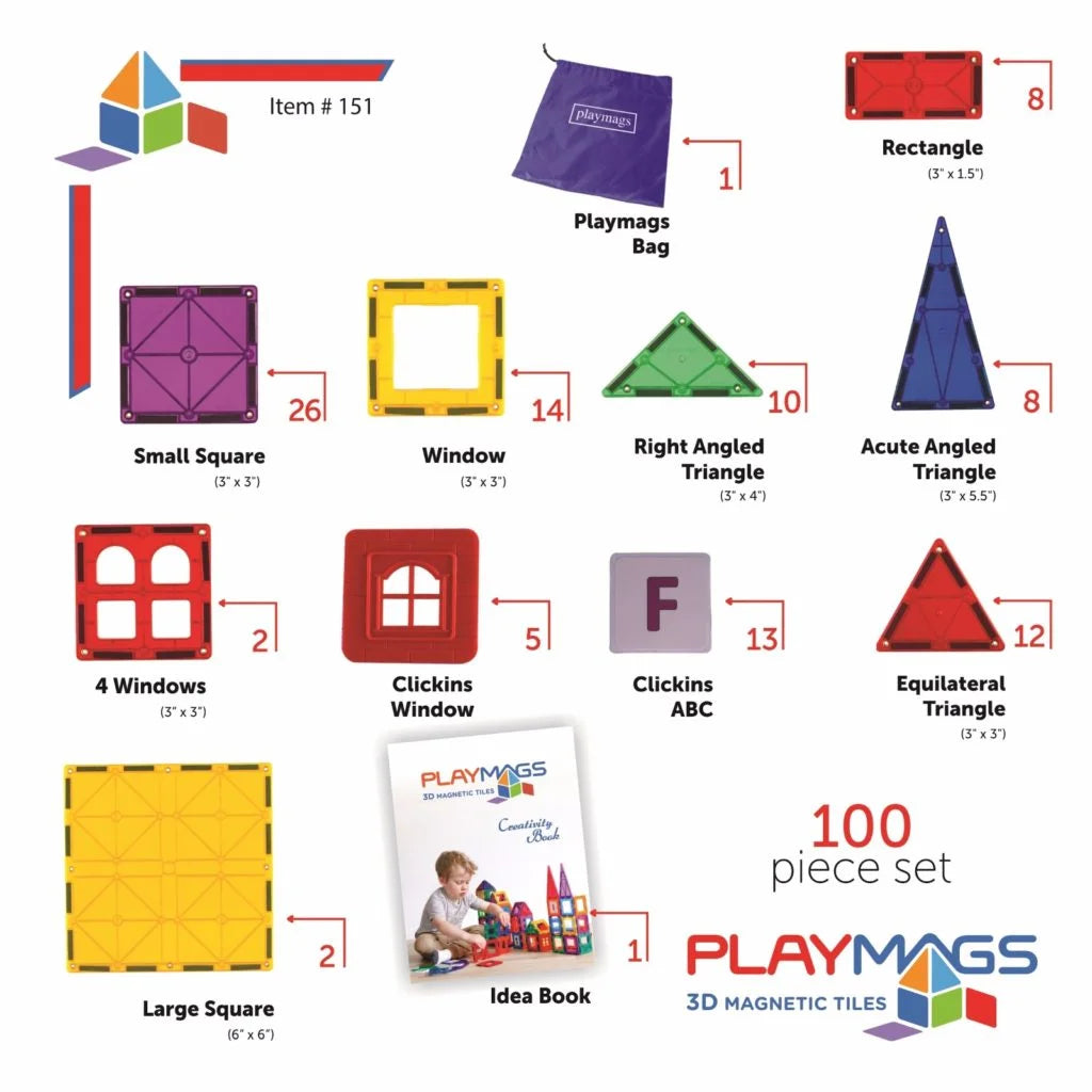 100 Piece Magnetic Tiles Set with 18 Piece Clickins Accessories F885