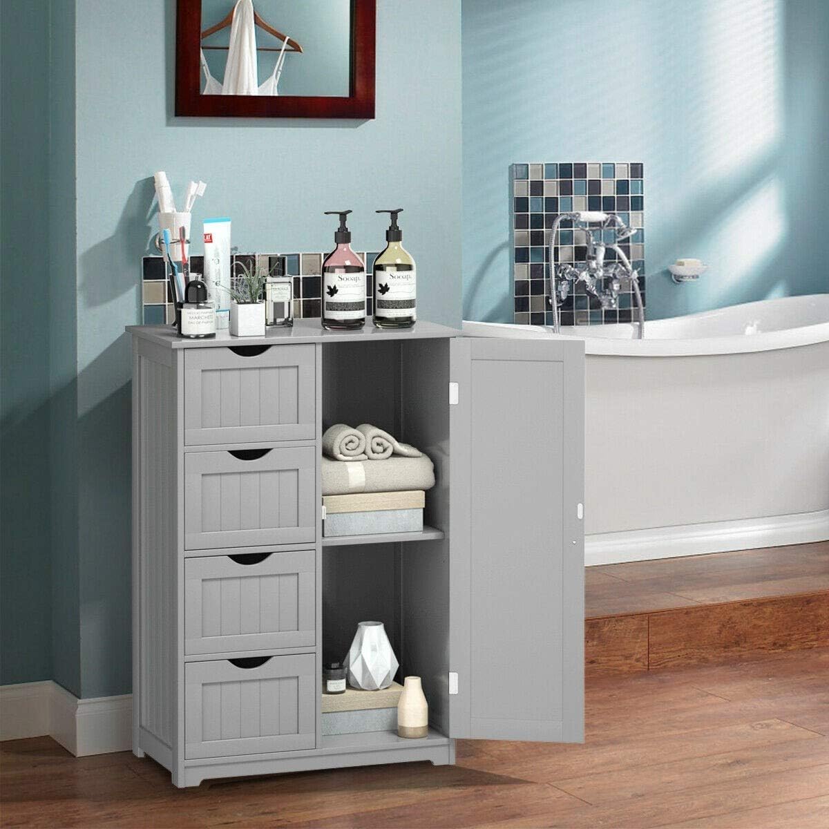 White Wooden Storage Cabinet with 4 Drawers and 1 Door T4299