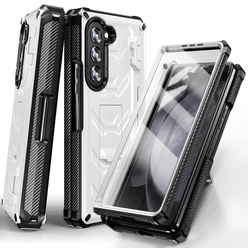 White Rugged Full Body Case with Built-in Glass Screen Protector Hinge Protection Hidden Kickstand Pen Slot Shockproof Armor Case X274