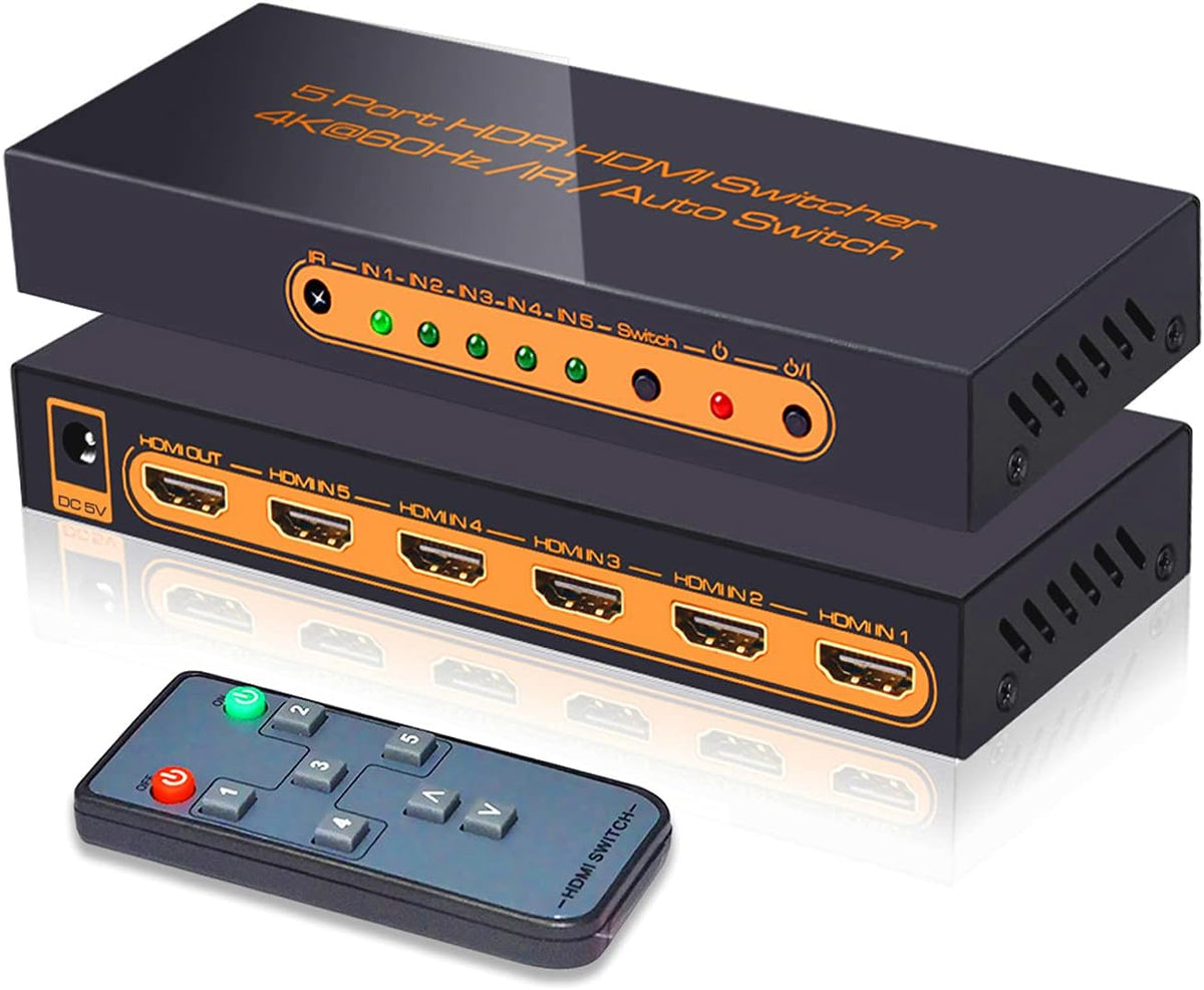 4K@60Hz HDMI Switch Audio Extractor with Optical + 3.5mm AUX Output, 5 in 1 Out HDMI Switcher Converter, Pack of 2 T30577