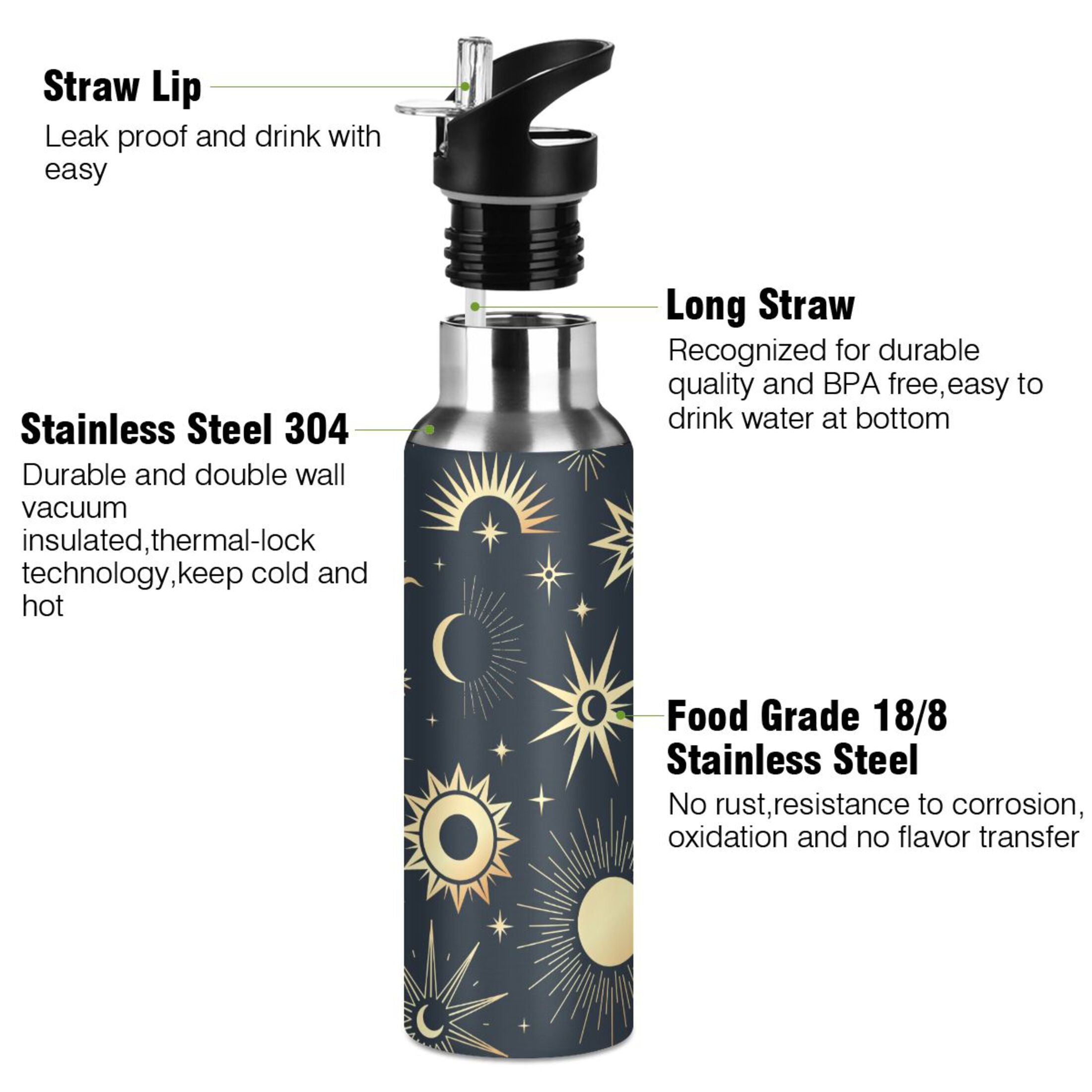 Gold Sun Moon Stars Stainless Steel Insulated Water Bottle Z15211
