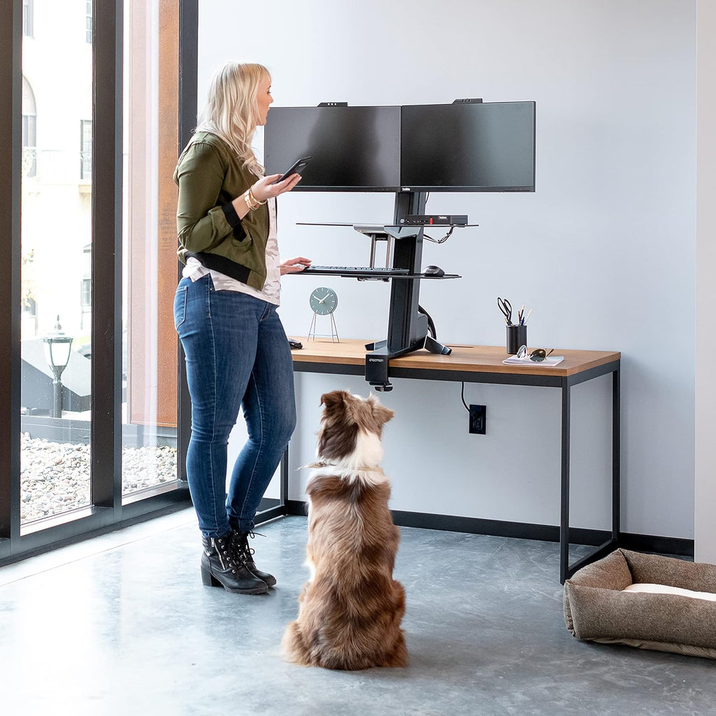 Black Sit Stand Dual Monitor Standing Desk Converter with Worksurface T968