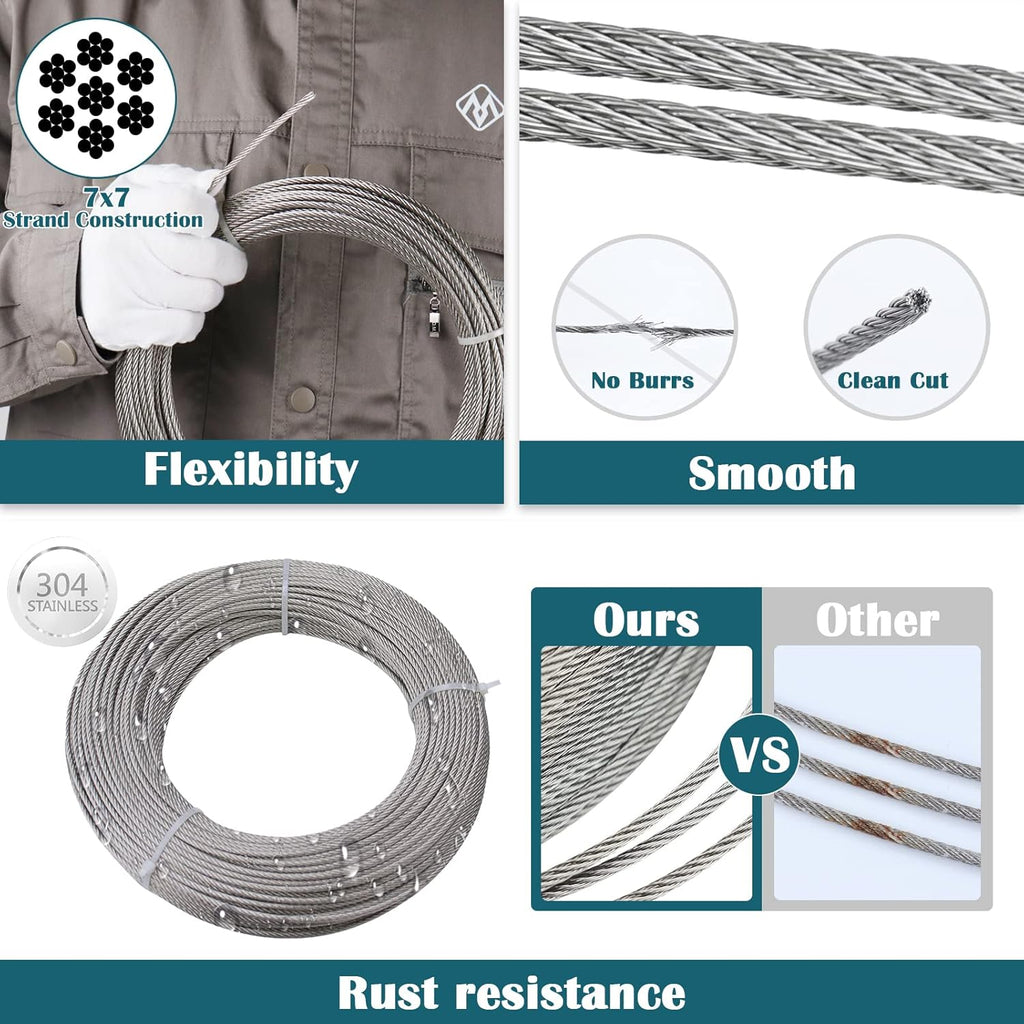 165Feet 1/8inch Stainless Steel Wire Rope Aircraft Cable Railing 7x7 Strand with 20Pack Locking X55874